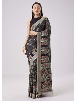 KALKI FASHION - Black Mughal Woven Motif Saree with Unstitched Blouse