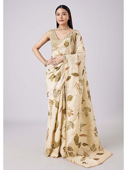 KALKI FASHION - Cream Printed Saree with Unstitched Blouse