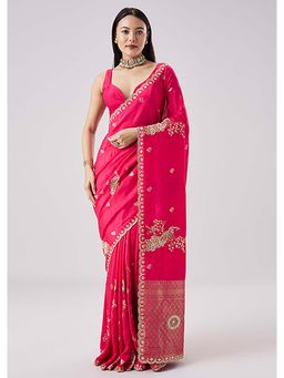 KALKI FASHION - Rani Pink Embroidered Motif Saree with Unstitched Blouse