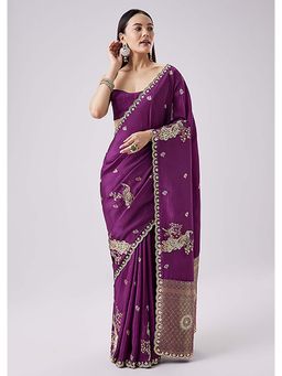 KALKI FASHION - Purple Embroidered Motif Saree with Unstitched Blouse