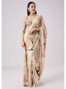 KALKI FASHION - Beige Abstract Printed Saree with Unstitched Blouse
