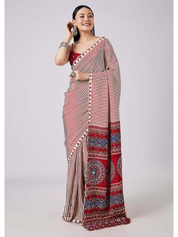 KALKI FASHION - Red Stripes Printed Saree with Unstitched Blouse