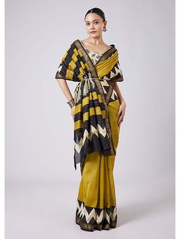 KALKI FASHION - Mustard Yellow Block Printed Saree with Unstitched Blouse