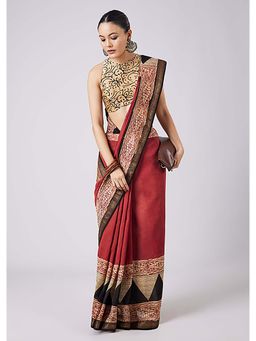 KALKI FASHION - Red Geometric Block Printed Saree with Unstitched Blouse