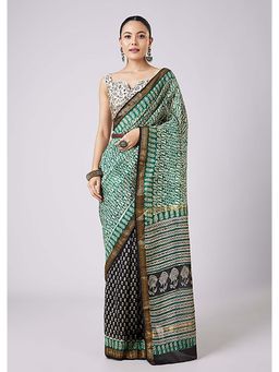 KALKI FASHION - Green Motif Printed Saree with Unstitched Blouse