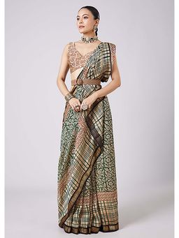 KALKI FASHION - Floral Block Printed Green Motifs Saree with Unstitched Blouse