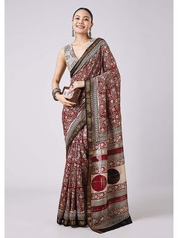 KALKI FASHION - Maroon Floral Printed Saree with Unstitched Blouse