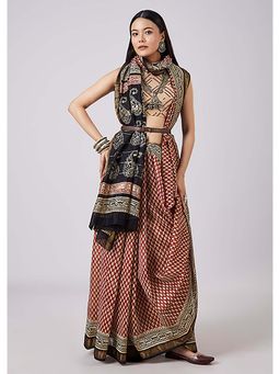 KALKI FASHION - Red Floral Hand Painted Motif Saree with Stitched Blouse
