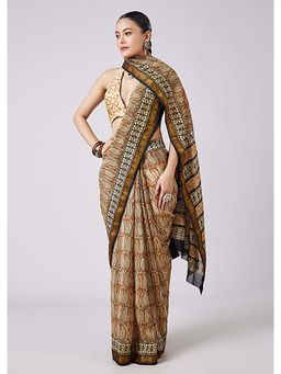 KALKI FASHION - Brown Block Printed Motif Saree with Unstitched Blouse