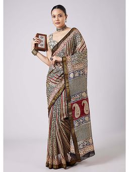 KALKI FASHION - Multi-Color Floral Block Printed Motif Saree with Unstitched Blouse