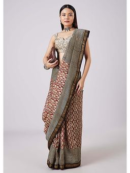 KALKI FASHION - Floral Hand Painted Motifs Rust Saree with Unstitched Blouse