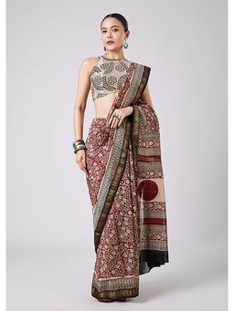 KALKI FASHION - Floral Maroon Block Printed Motif Saree with Unstitched Blouse
