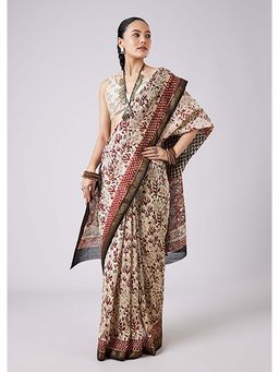 KALKI FASHION - Cream Floral Block Printed Saree with Unstitched Blouse