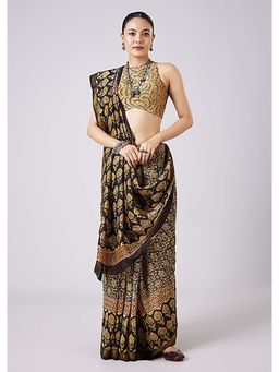 KALKI FASHION - Black Floral Block Printed Motif Saree with Unstitched Blouse