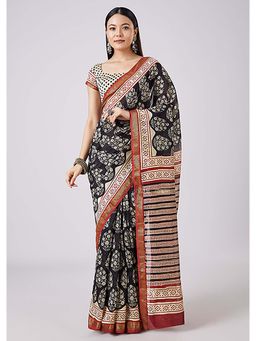 KALKI FASHION - Brown Hand Painted Floral Motif Saree with Unstitched Blouse