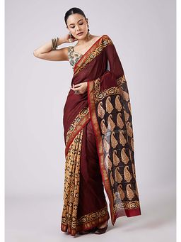 KALKI FASHION - Maroon Block Printed Saree with Unstitched Blouse