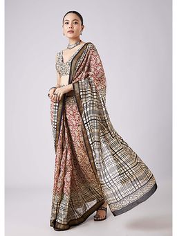 KALKI FASHION - Brown Block Printed Tassel Saree with Unstitched Blouse