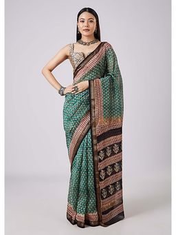 KALKI FASHION - Sea Green Floral Hand Painted Saree with Stitched Blouse