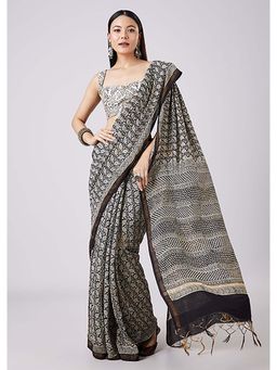 KALKI FASHION - Hand Painted Floral Motif Printed Black Saree with Unstitched Blouse