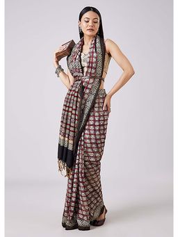 KALKI FASHION - Brown Hand Painted Motif Saree with Unstitched Blouse