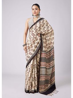 KALKI FASHION - Cream Tassel Border Floral Printed Saree with Unstitched Blouse