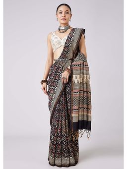 KALKI FASHION - Black Motif Floral Printed Saree with Unstitched Blouse