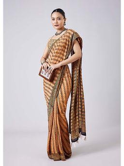KALKI FASHION - Beige Block Printed Saree with Unstitched Blouse