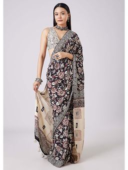 KALKI FASHION - Brown Floral Hand Painted Saree with Unstitched Blouse