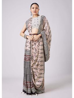 KALKI FASHION - White Block Printed Motif Saree with Unstitched Blouse