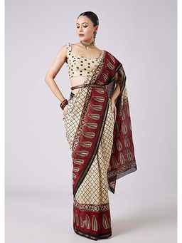 KALKI FASHION - Cream Colorblock Printed Saree with Unstitched Blouse