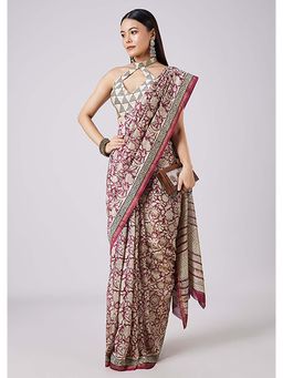 KALKI FASHION - Pink Hand Painted Motifs Saree with Unstitched Blouse