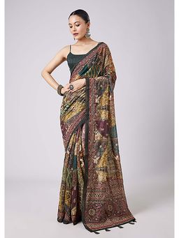KALKI FASHION - Green Tassel Block Printed Saree with Unstitched Blouse