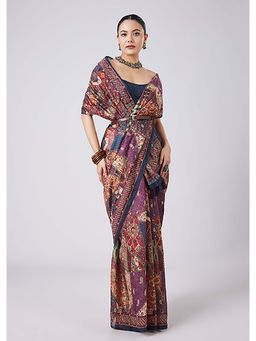 KALKI FASHION - Blue Block Printed Motif Saree with Unstitched Blouse
