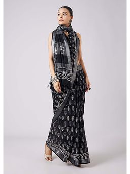 KALKI FASHION - Black Block Printed Tassel Border Saree with Unstitched Blouse