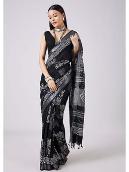 KALKI FASHION - Black Canvas Hand Painted Saree with Unstitched Blouse