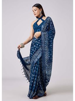 KALKI FASHION - Navy Blue Floral Hand Painted Motif Saree with Unstitched Blouse