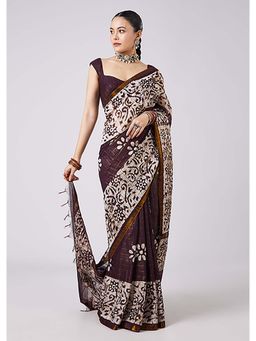 KALKI FASHION - Brown Tassel Floral Block Printed Saree with Unstitched Blouse