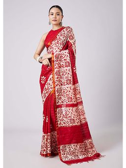 KALKI FASHION - Red Batik Printed Saree with Unstitched Blouse