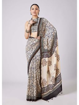 KALKI FASHION - Off White Floral Block Printed Tassel Saree with Unstitched Blouse
