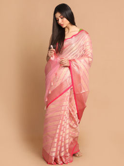 Indethnic - Banarasi Pink Stripes Party Wear Saree With Unstitched Blouse