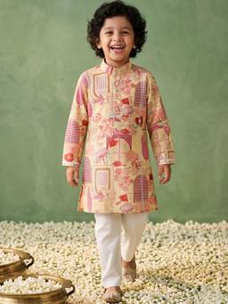 AJ Dezines - Yellow Ethnic Print Cotton Kurta and Pyjama