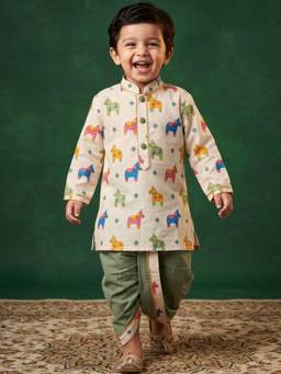 AJ Dezines - Off White Horse Print Cotton Blend Kurta and Dhoti