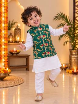 BownBee - Pure Cotton Jacquard Kurta Pyjama with Jacket for Boys- Green