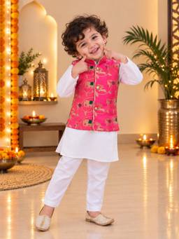 BownBee - Pure Cotton Jacquard Kurta Pyjama with Jacket for Boys- Pink