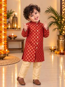 BownBee - Boys Jacquard Sherwani with Pyjama- maroon