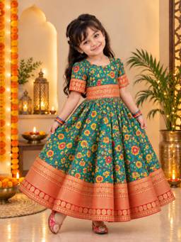 BownBee - Kalamkari Print Party Dress Gown for Girls- Green