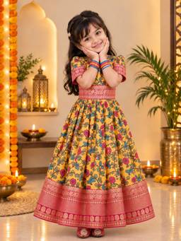 BownBee - Kalamkari Print Party Dress Gown for Girls- Yellow