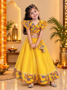 BownBee - Chanderi Floral Top with Lehenga for Girls- Yellow