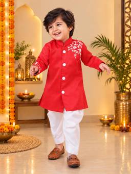 BownBee - Hand Embroidered Cotton Sherwani and Pyjama