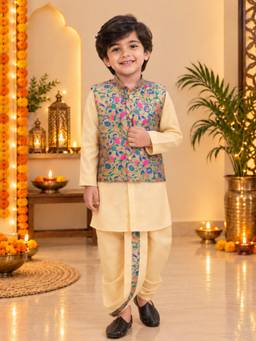BownBee - Festive Jacquard Kurta jacket With Dhoti - Beige